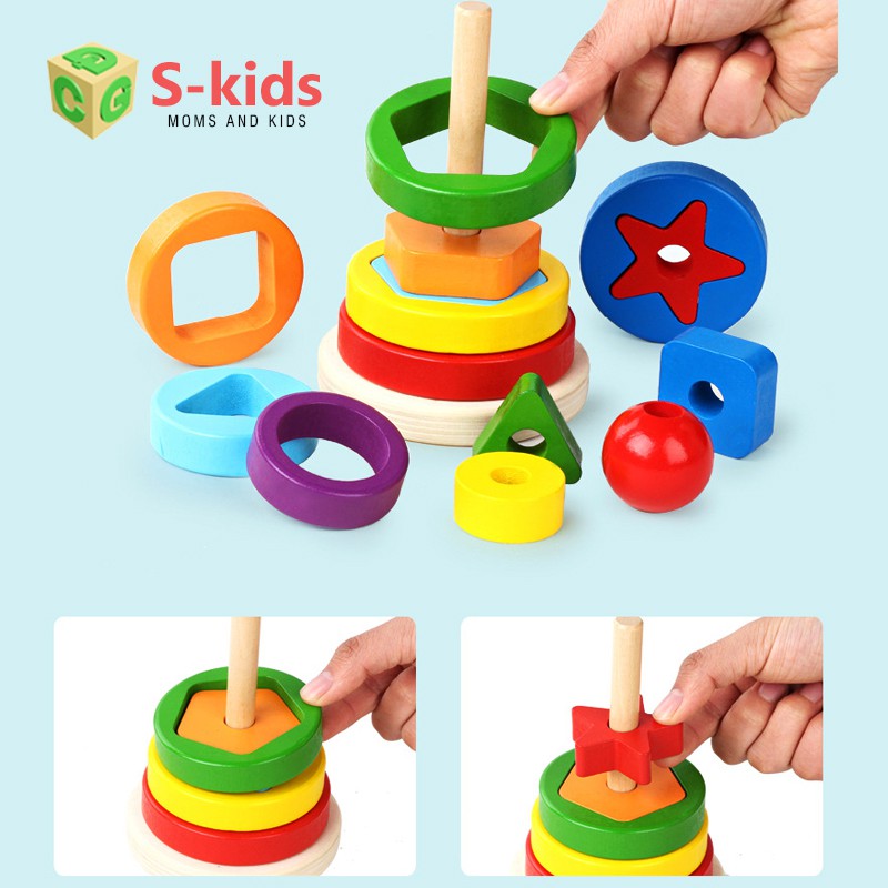 Đồ chơi thông minh cho bé S-Kids, Tháp cầu vồng gỗ 1 trụ lồng khối