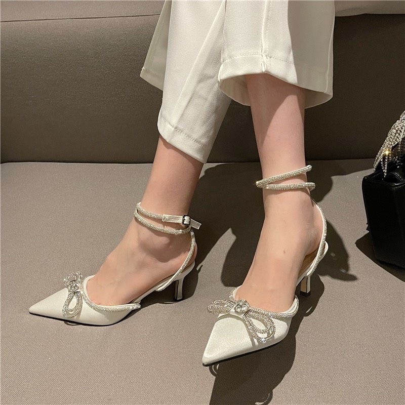 Sandal cao gót nơ đá quấn cổ 7p fullbox