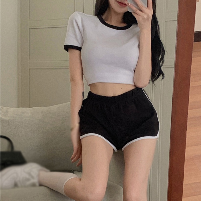 Set Áo Croptop + Quần Short Lưng Cao Dáng Ôm Phong Cách Hàn Quốc Thể Thao Thời Trang Cho Nữ