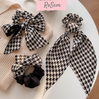 Dây buộc tóc lụa họa tiết Houndstooth phong cách Hàn Quốc