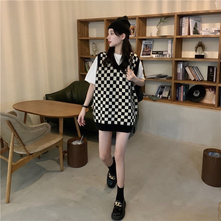 Áo sweater không tay cổ chữ v dáng rộng họa tiết caro phong cách Hàn Quốc cho nữ | BigBuy360 - bigbuy360.vn