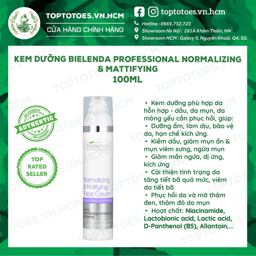 Kem dưỡng Bielenda Professional Normalizing &amp; Mattifying kiềm dầu, ngừa mụn, mờ thâm 100ml