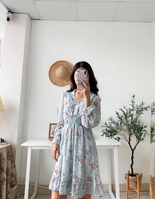 Đầm hoa vintage cổ V màu xanh bạc hà (hình shop tự chụp/sẵn)