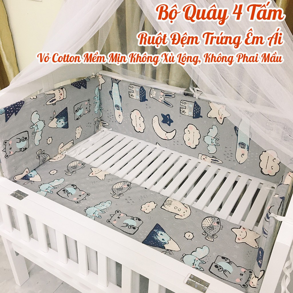 Combo 4 Cũi Gỗ Thông Màu Gỗ TN + Đệm Bông Ép + Ga Chun + Quây 4 Tấm Lót Cũi Đủ Size Đủ Màu + Tặng Bánh Xe Ga Chống Thấm