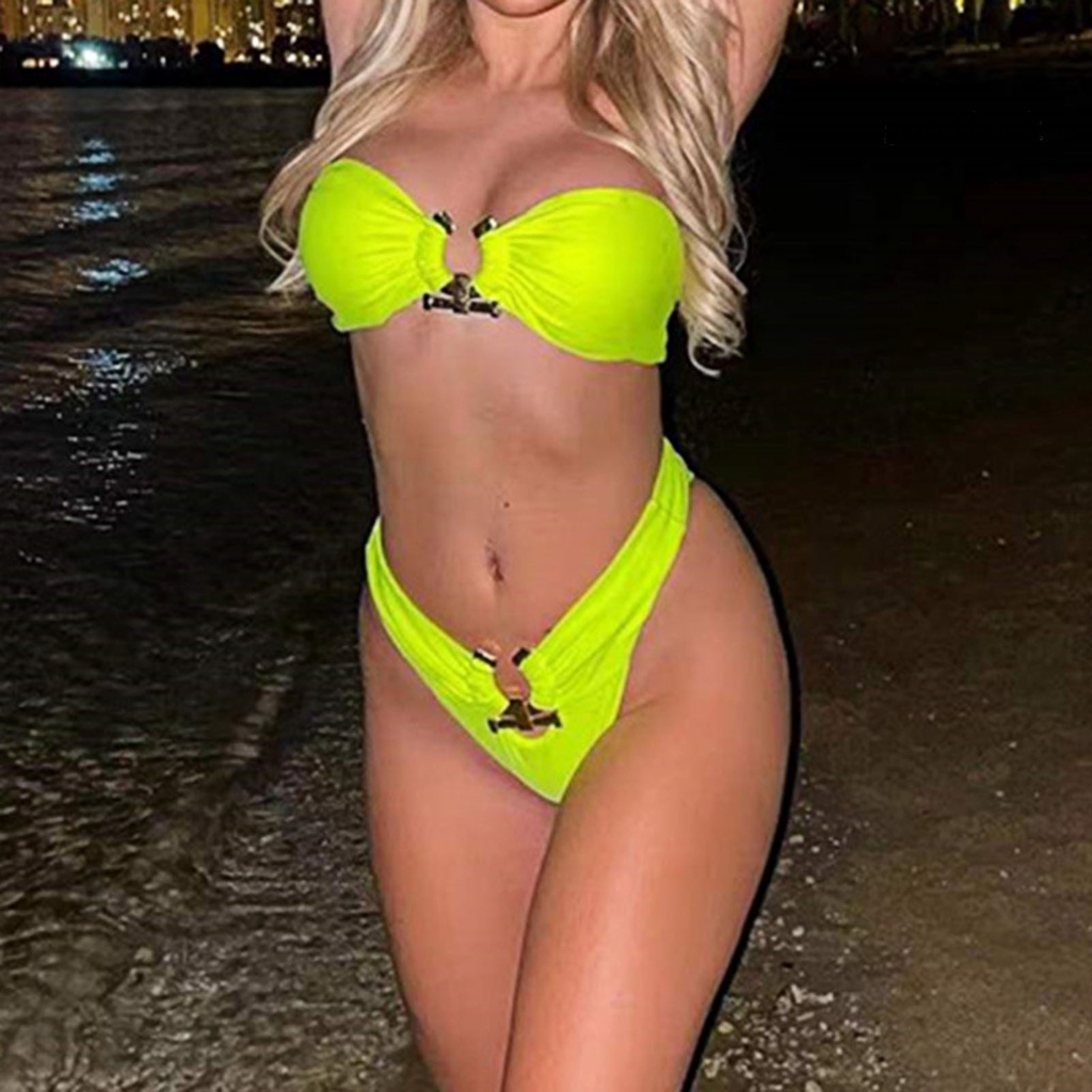 Bộ Đồ Bơi Hai Mảnh Màu Sắc Trơn Lưng Cao Phối Khóa Kim Loại Dành Cho Nữ