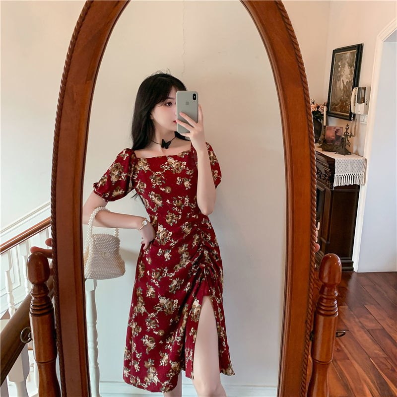 Đầm Cổ Vuông Tay Phồng In Họa Tiết Thời Trang Mùa Hè Cho Nữ