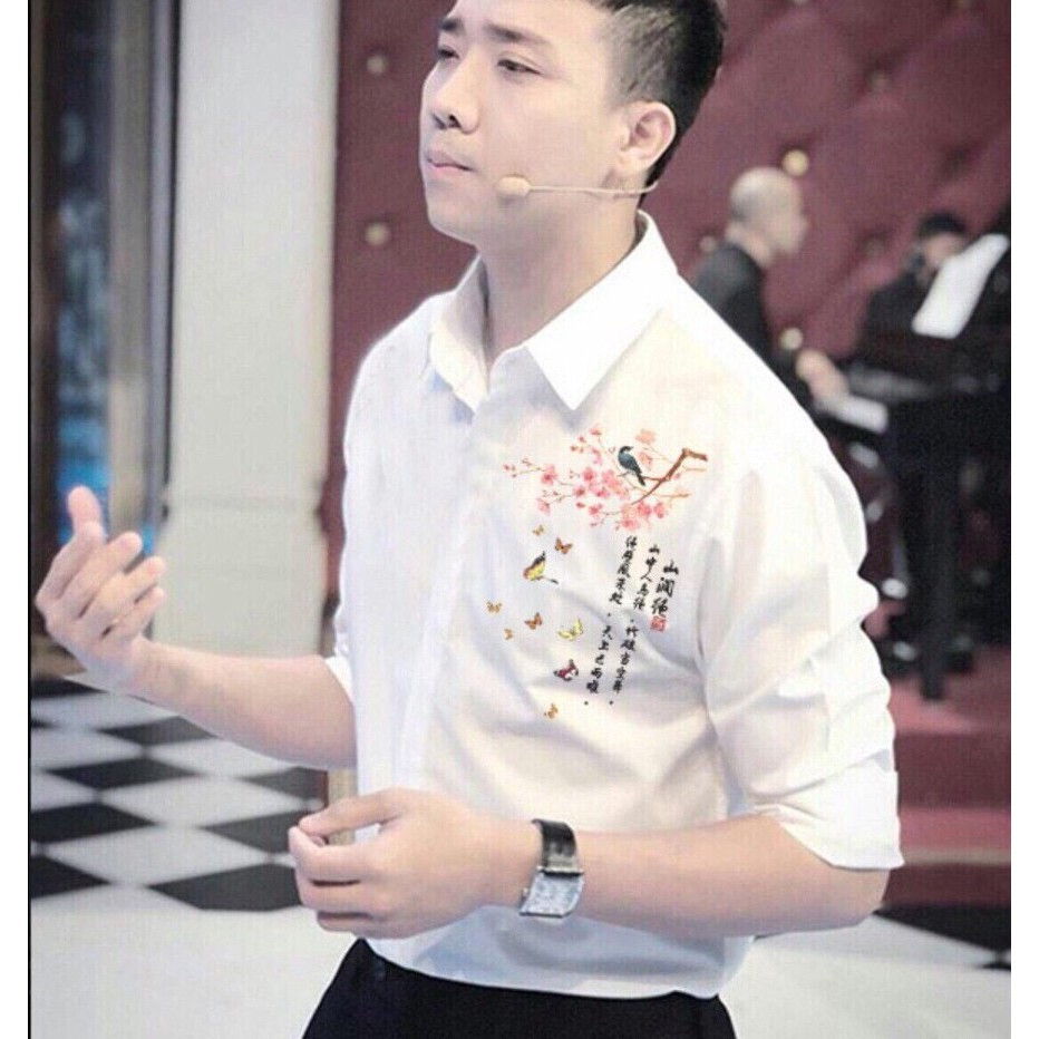 Sơ Mi Nam Lụa Áo Sơ Mi Nam Trắng Họa Tiết in hoa đào Thunsi