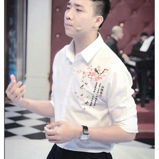 Sơ Mi Nam Lụa Áo Sơ Mi Nam Trắng Họa Tiết in hoa đào Thunsi