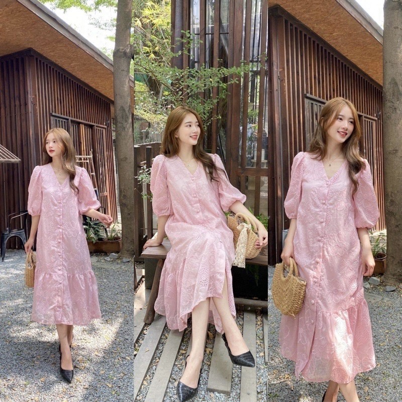 Đầm ren voan xước cúc bọc dáng suông váy đuôi cá tiểu thư dễ mặc