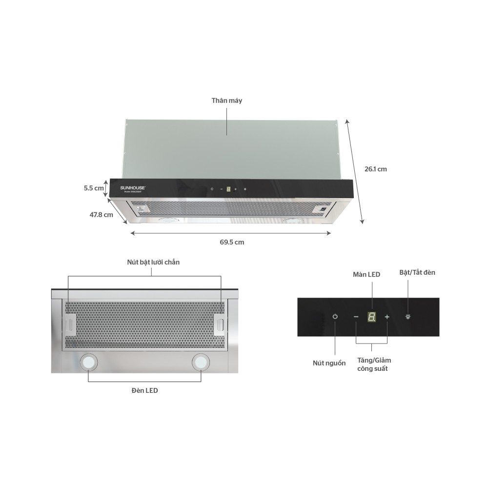 Máy hút mùi âm tủ cảm ứng Sunhouse SHB 6288MT