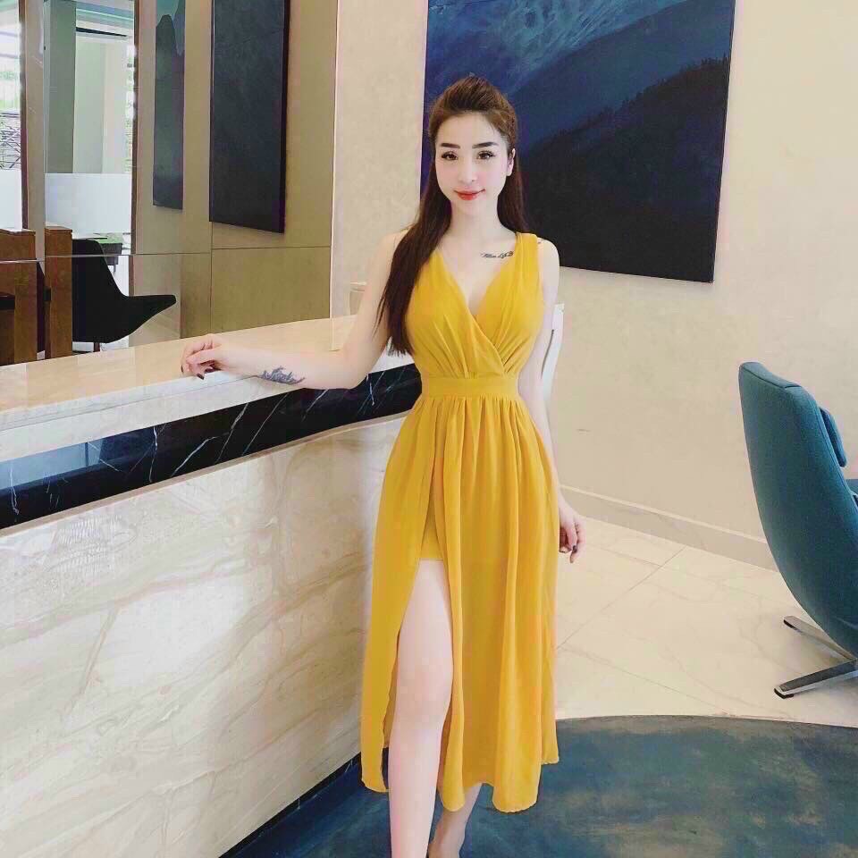 [Mã NAVIFAHIO giảm 10K đơn 50K] Đầm Maxi Cổ Tim Bó Eo Siêu Xinh [FREESHIP]🌸 Váy Cổ Đắp Chéo Xẻ Đùi Phong Cách Hàn Quốc