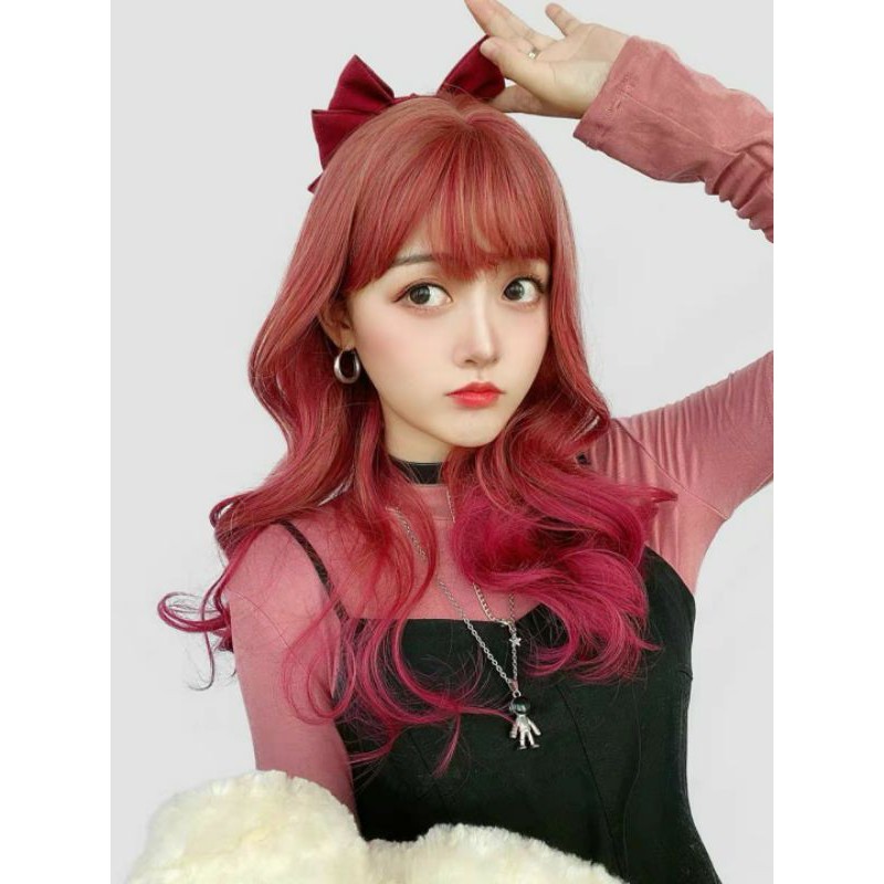 [Sẵn] Wig teen/lolita/cosplay M53 đỏ pha hồng cam (tóc giả nguyên đầu xoăn đuôi cá tính) tại Miu Cosplay