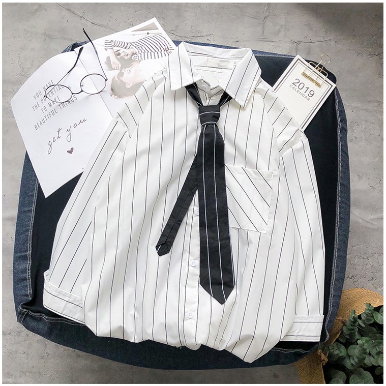 (A129) áo sơ mi unisex kẻ sọc kèm cà vạt 2 màu đen - trắng | BigBuy360 - bigbuy360.vn