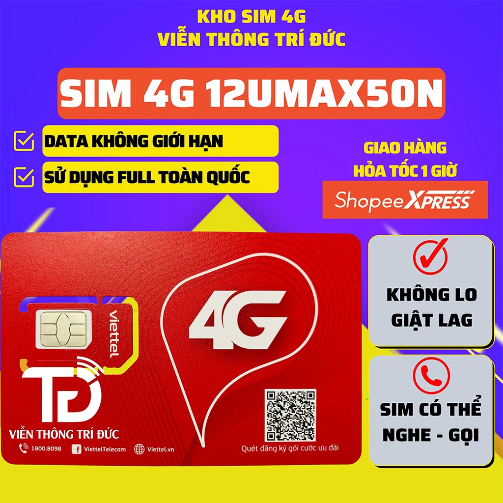 Sim 4G Viettel UMAX50N Data Không giới hạn, Max băng thông, Sim Phát Wifi, Thoải mái xem phim, chơi game, dùng toàn quốc