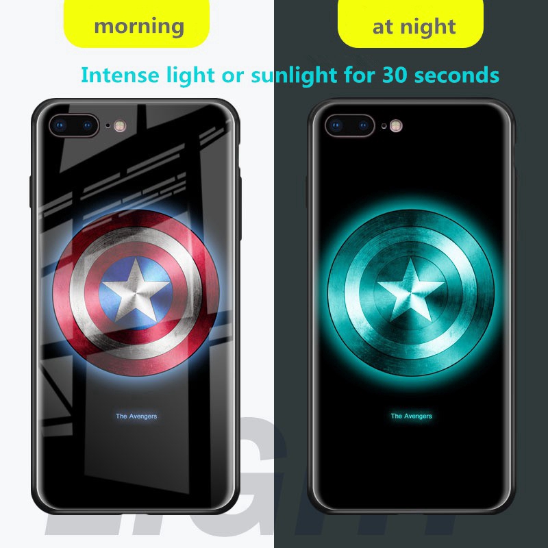 Ốp điện thoại mặt kính hình avengers dạ quang cho Iphone 6 6s 7 8 Plus X Xs MAX XR 11 11Pro 11ProMAX