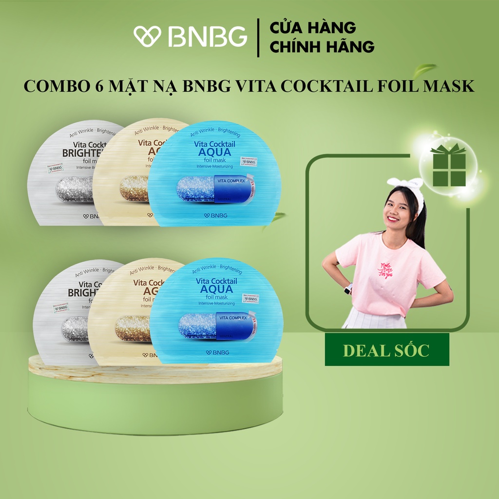 Combo 6 mặt nạ BNBG Vita Cocktail Foil Mask gấp đôi dưỡng chất (Brightening x2, Aqua x2, Age x2) 30ml x6