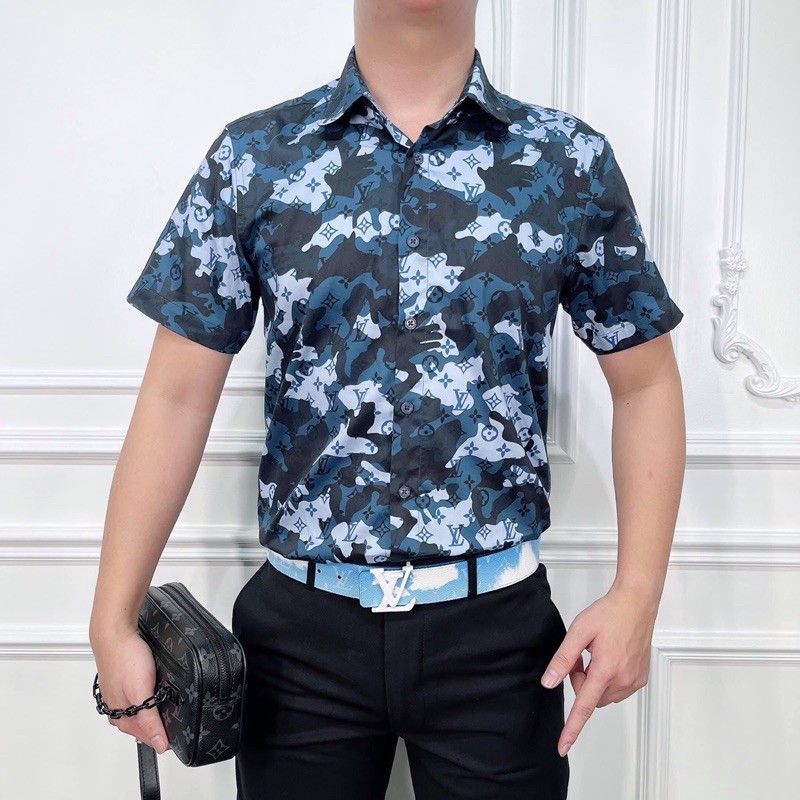 💥FREESHIP💥Áo sơ mi cộc L V Vân hoa loang cho Nam-Sơ Mi L V ngắn tay CAO CẤP Nam