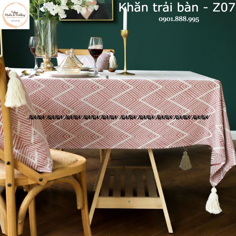 K5_Khăn trải bàn Cao Cấp có tua hình vuông/chữ nhật chất liệu cotton 100% Phong cách Bắc Âu