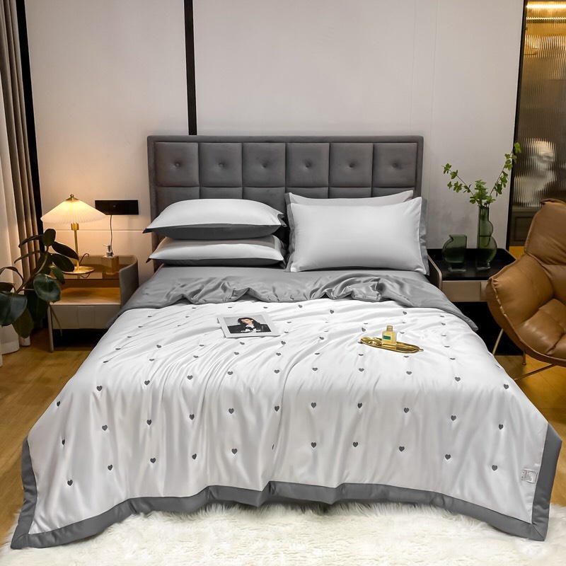 Trọn bộ chăn ga gối lụa tim chăn trần hè,chất liệu lụa mềm mịn thoáng mát chăn trần sẵn hàng đủ kích thước