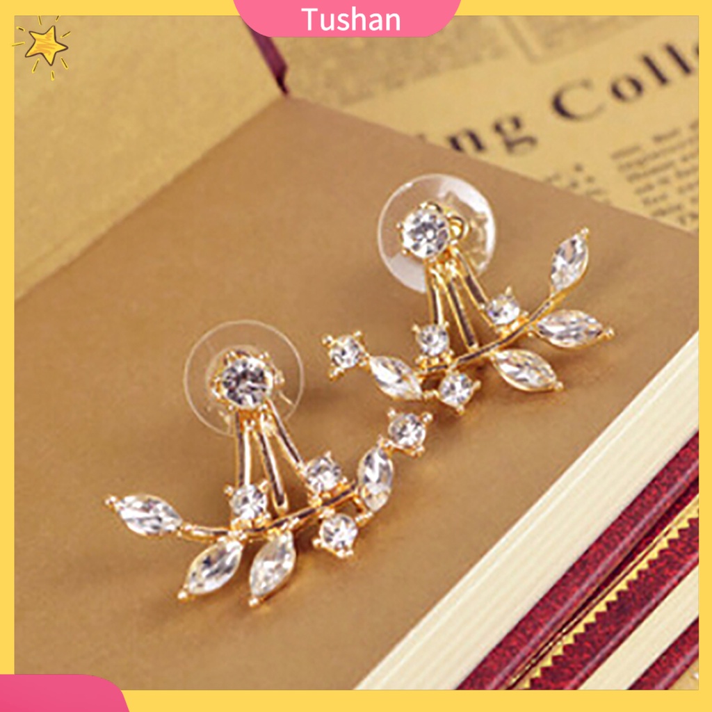 Khuyên tai hình lá cây đính đá phong cách cổ điển