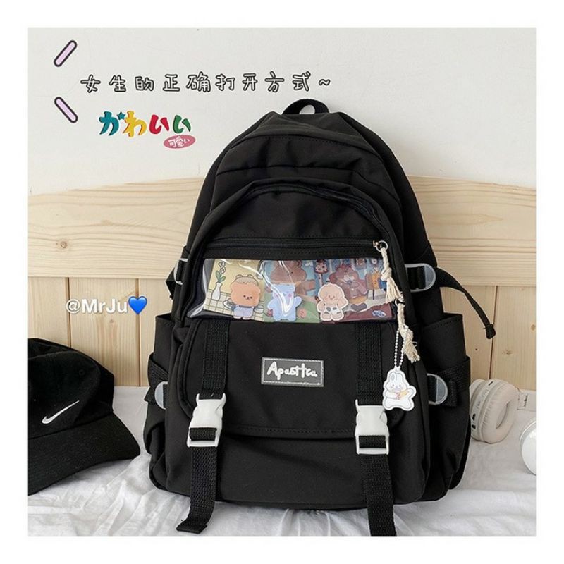 Balo vải ulzzang trong suốt, ba lô nữ thời trang đi học. B099 cặp đi học 2 nịt trong suốt apas