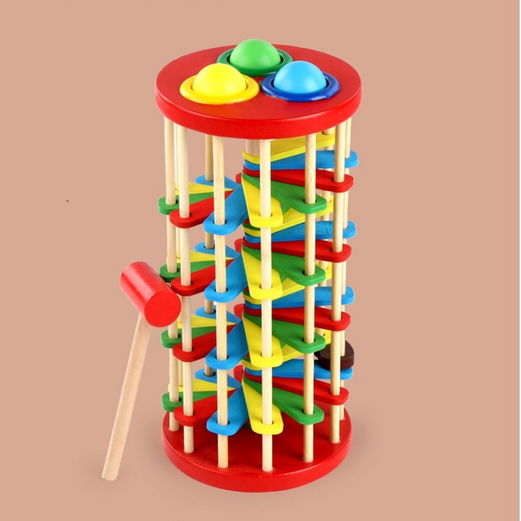 Đồ chơi gỗ tháp lốc xoáy lốc Đập bóng bậc thang lốc xoáy nhiều màu kích thích khám phá cho trẻ