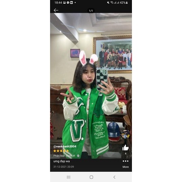 Áo varsity jacket LV Luôn Vui Tươi SS21 màu xanh bản cao cấp, Áo khoác bóng chày nam nữ LV thêu hình