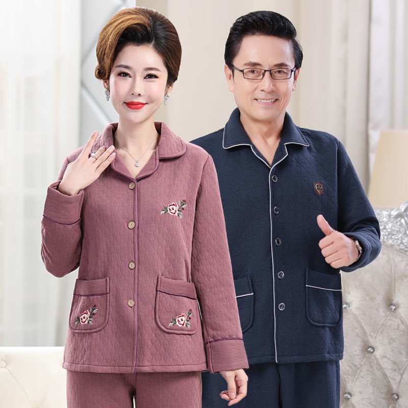 Bộ đồ ngủ của cặp đôi cha và mẹ mùa thu và mùa đông phụ nữ trung niên và người cao tuổi bánh mì sandwich và bộ đồ phục v
