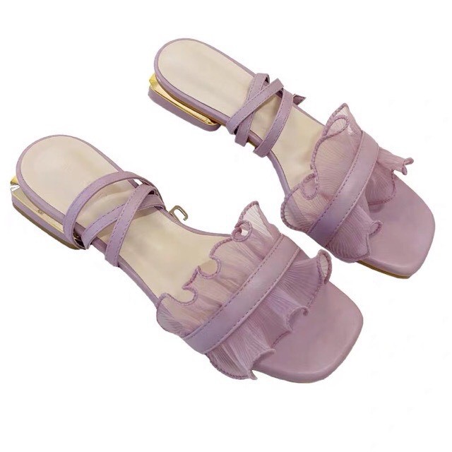Sandal đế cao 2cm quai đính vải ren lưới màu tím