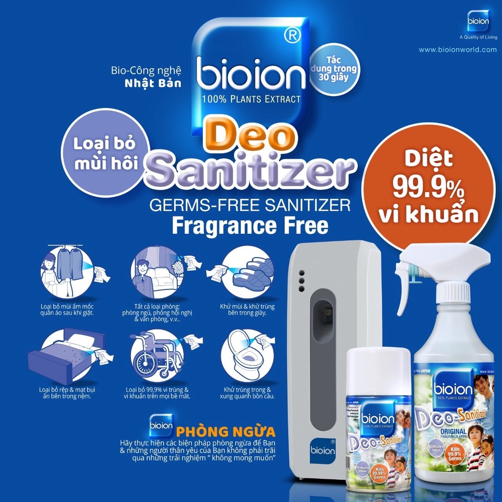 Chai Xịt Khử Mùi,Khử Trùng,Diệt Khuẩn Bioion Deo-Sanitizer Không Cồn 500ml