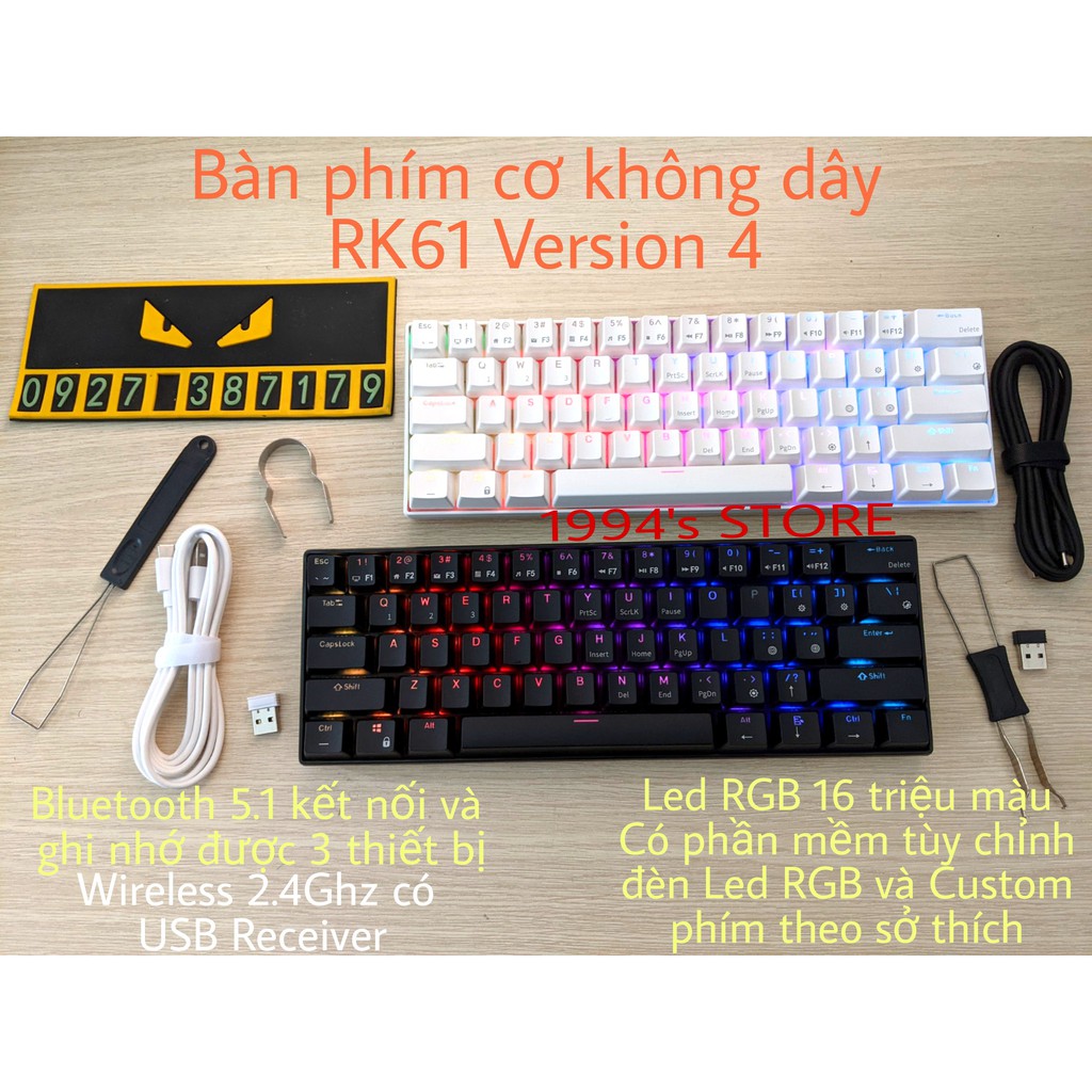 HOTSWAP - Bàn Phím Cơ RK61 Version 4.0 Bluetooth 5.1 - Wireless 2.4Ghz - Cáp Type C - Phần mềm chỉnh Led RGB và Custom