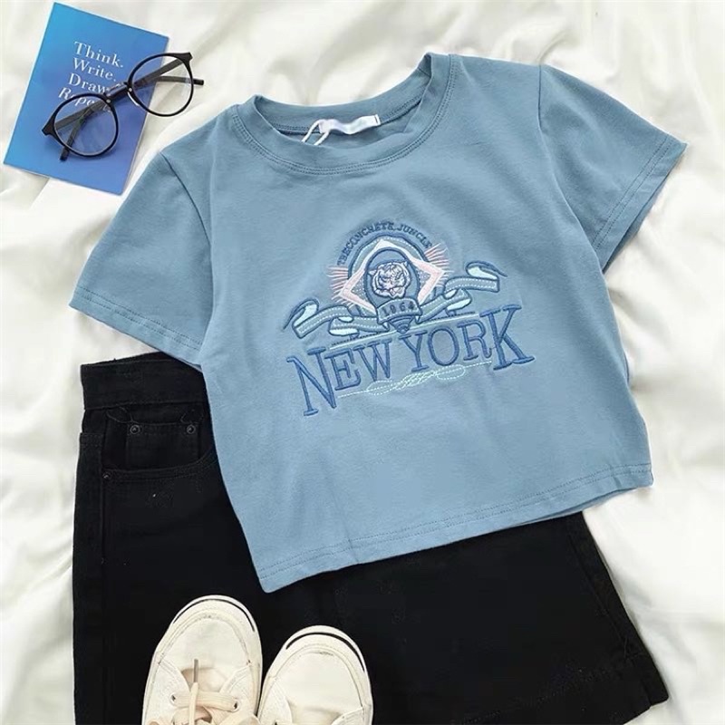Áo croptop thêu chữ NewYork chất cotton màu blue dành cho nữ