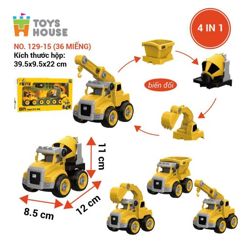 Đồ chơi giáo dục phát triển kỹ năng Stem - lắp ghép mô hình xe xây dựng DIY - Toyshouse 129 cho bé 3 tuổi trở lên