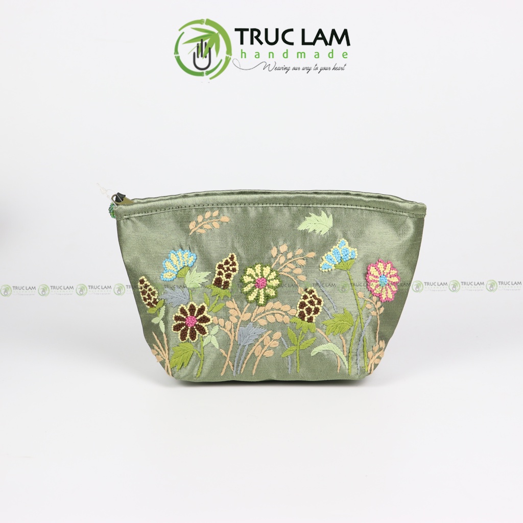 Ví Cầm Tay Nữ Vải Tafta Họa Tiết Hoa Cỏ Thêu Tay 2 Mặt - Trúc Lâm Handmade