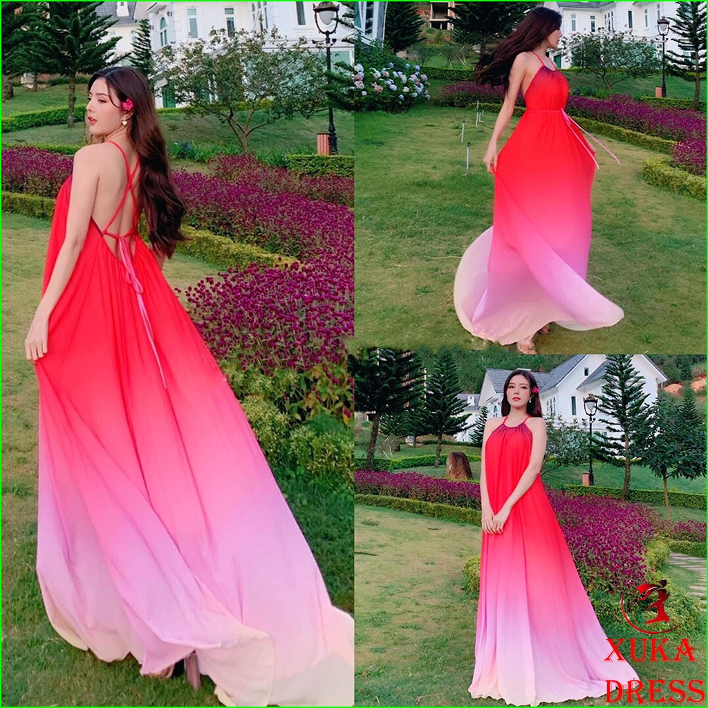 Đầm maxi ❤️ loang màu cổ yếm có mút ngực chất Voon xinh đẹp sang trọng XUKA-DRESS MT018 thoải mái chụp ảnh sống ảo