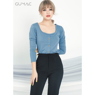 Áo thun cổ u phối nút màu ghi gumac at04915