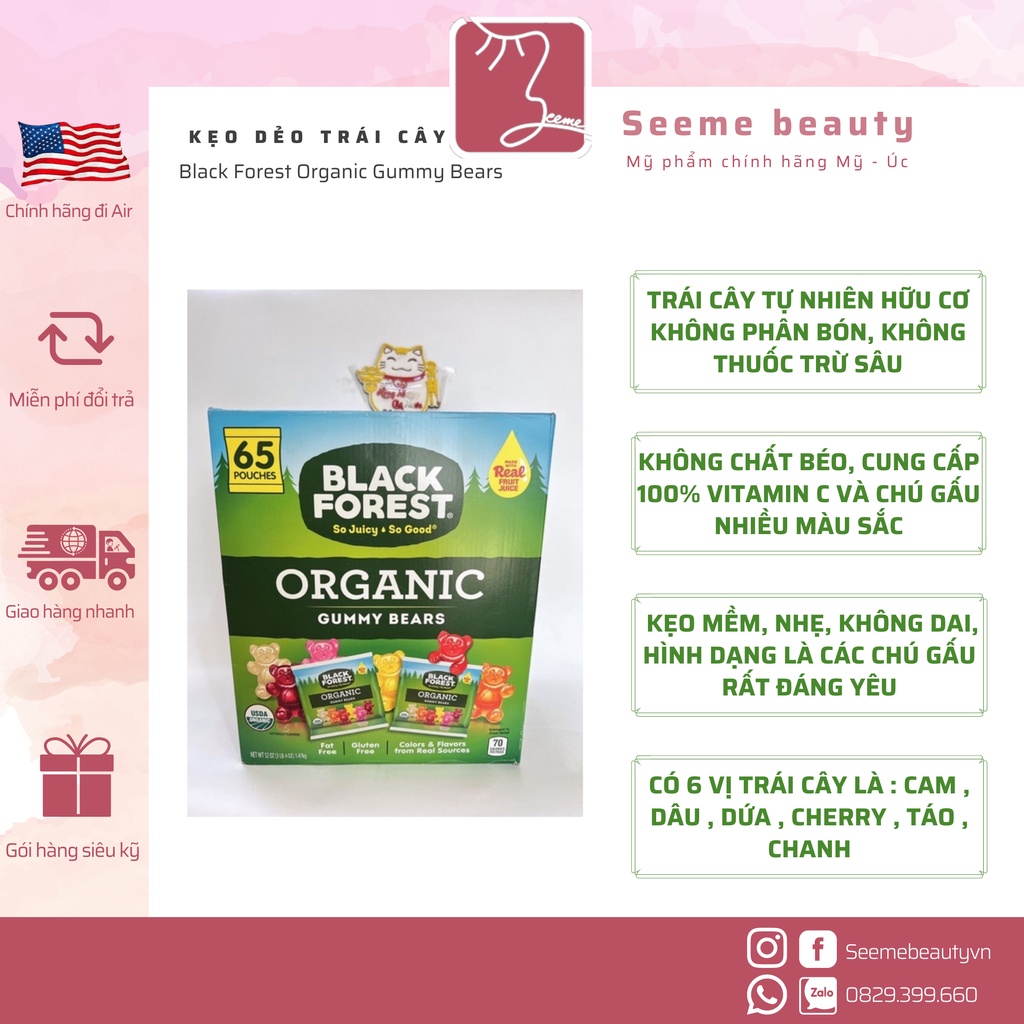 Kẹo Dẻo Trái Cây Black Forest Organic Gummy Bears 1.47Kg Hộp 65 Gói SeeMe Beauty