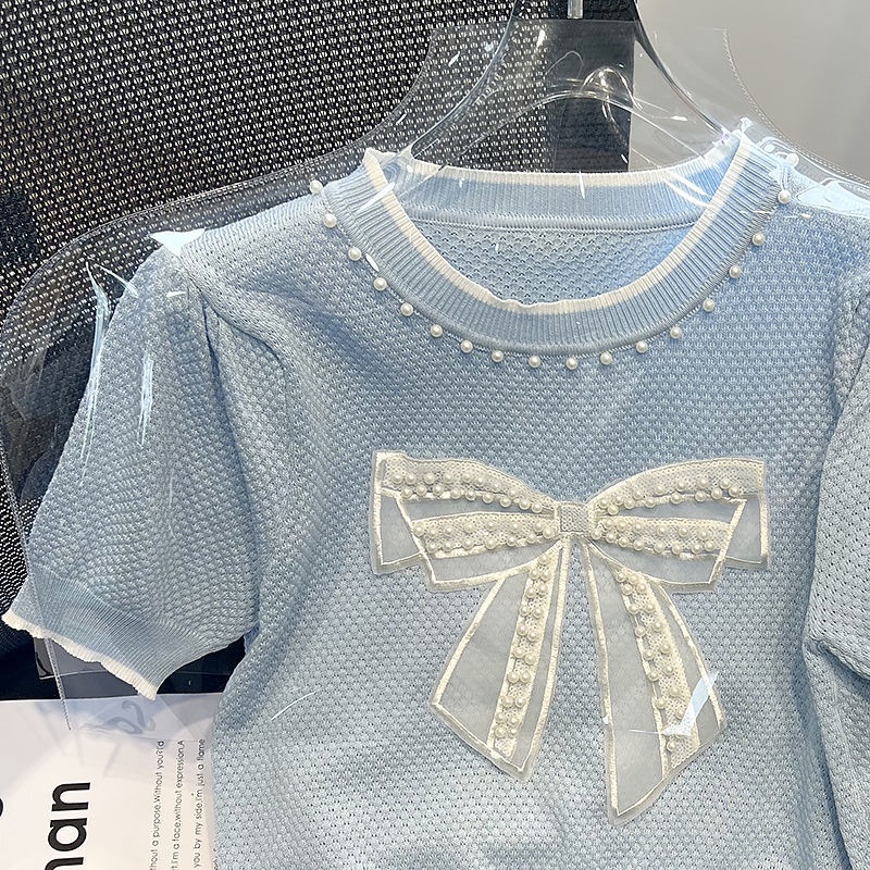 Áo Dệt Kim Tay Ngắn Mỏng Đính Nơ Hạt Thời Trang Mùa Hè Cho Nữ