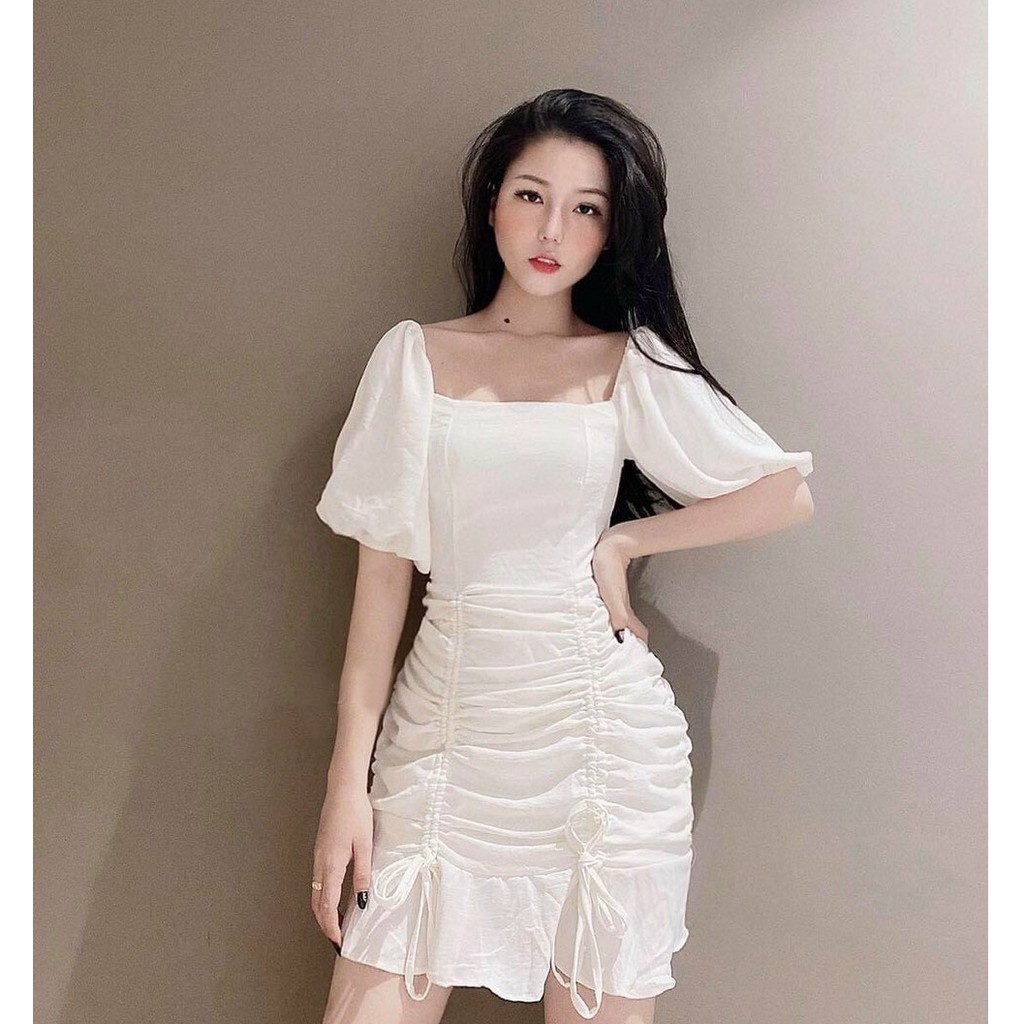 [Mã FAMAYWA2 giảm 10K đơn 50K] Đầm Nữ Tay Lỡ Trắng Tinh Khôi, Xòe Đuôi Cá Hoa Tiết Rút Dây Nhún Eo Thời Trang - Winchois