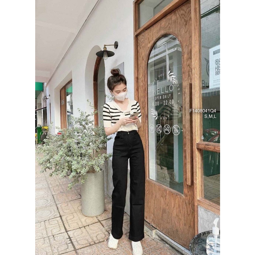 Quần jean đen dài ống suông đứng lưng cao tôn dáng!