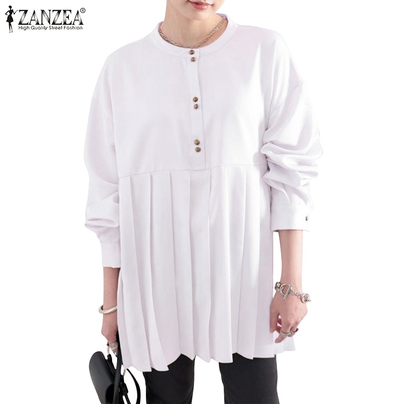 Áo kiểu Zanzea tay dài cổ tròn có nút cài phong cách Hàn Quốc trẻ trung dành cho nữ