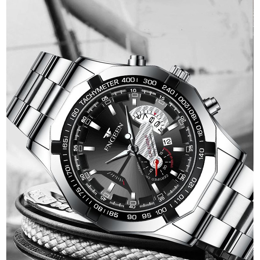 Đồng hồ nam FNGEEN FN02 dây thép không gỉ 3 kim có lịch chống nước cao cấp mặt kính chống xước | BigBuy360 - bigbuy360.vn