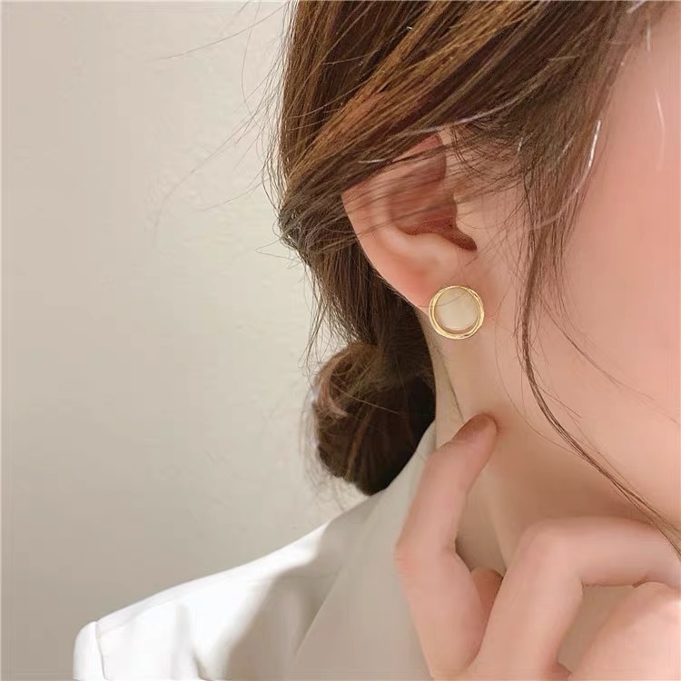 Hoa tai nữ bạc s925 hình tròn đính đá tối giản sang trọng không gây dị ứng da thời trang Hàn Quốc Lemi accessories