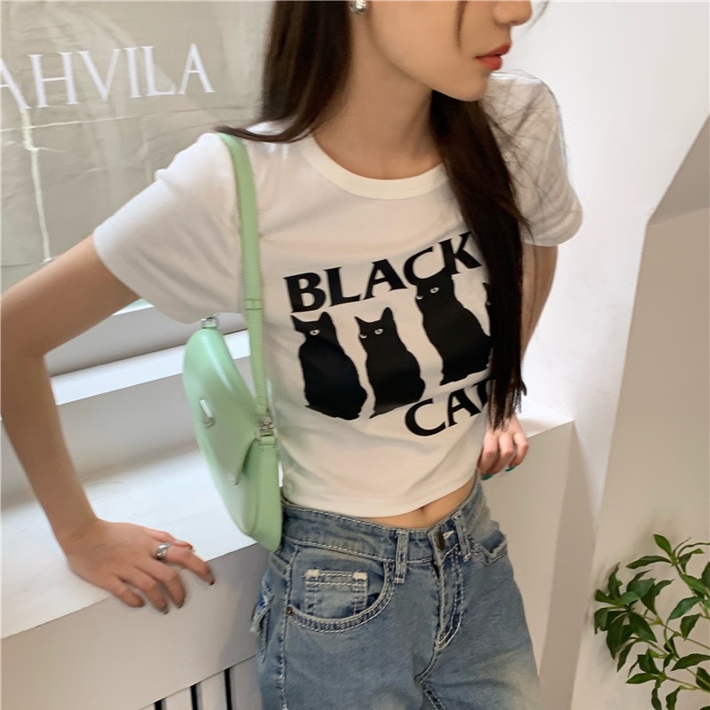 Áo Thun Croptop Tay Ngắn In Hình Mèo Dễ Thương Cho Nữ