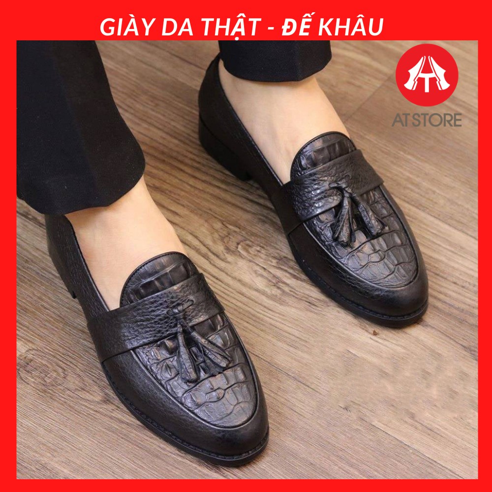 {ĐẾ KHÂU CỰC BỀN} Giày lười da nam dập vân cá sấu, có chuông - giày da nam có Đế cao 3cm, Mã V55