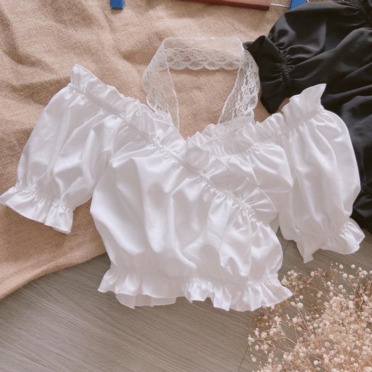 ÁO TRỄ VAI CROPTOP phối dây ren ,  chun nhún viền điệu đà xinh xắn. mã A15