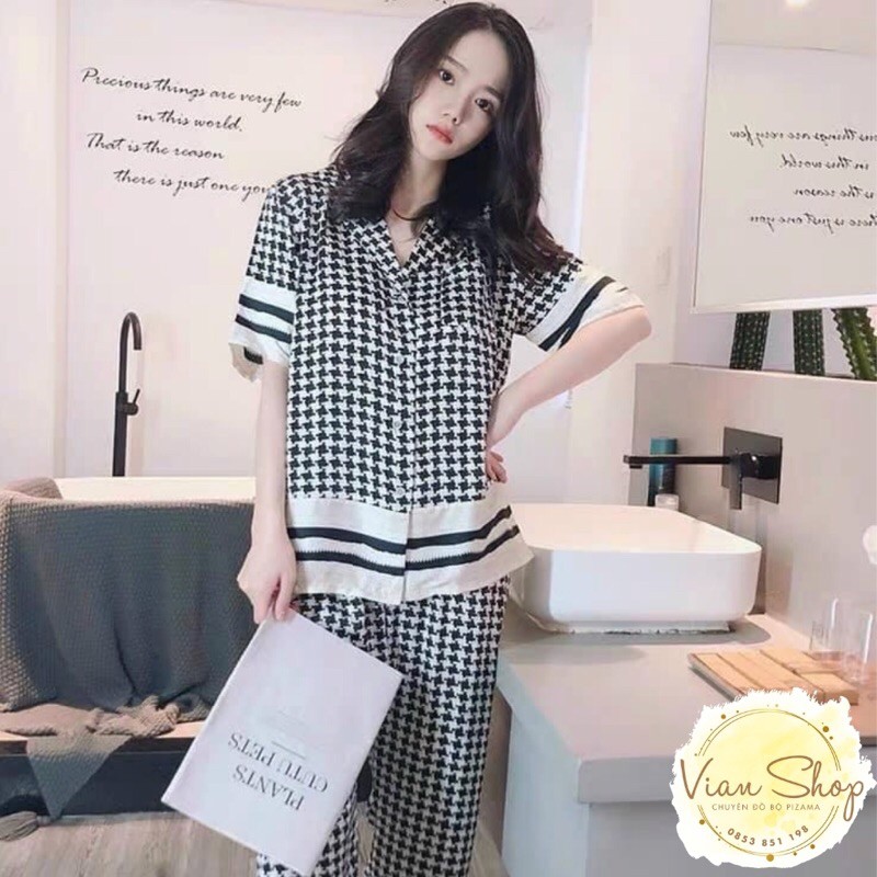 Đồ bộ pijama mặc nhà, bộ lụa cao cấp tay ngắn quần dài hoạ tiết sang chảnh, dễ thương