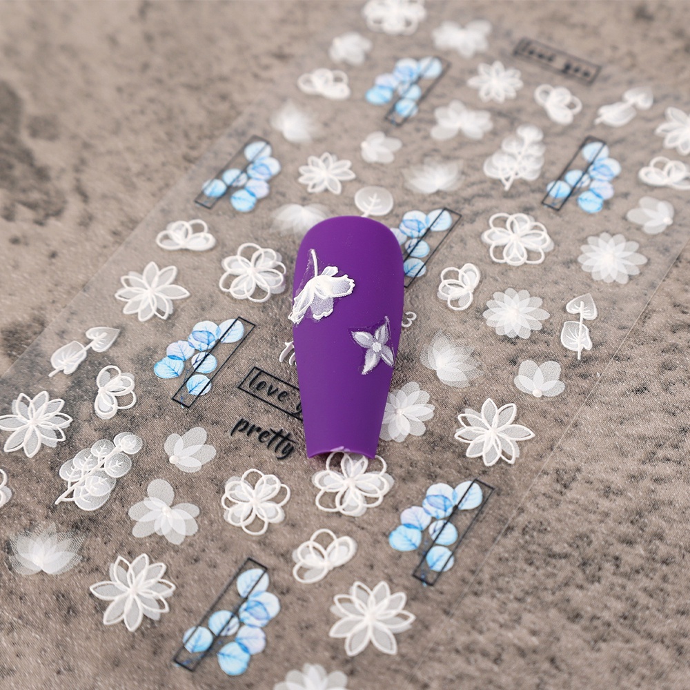[Hàng mới về] Tờ miếng dán trang trí móng tay họa tiết hoa ren dập nổi 5d màu trắng