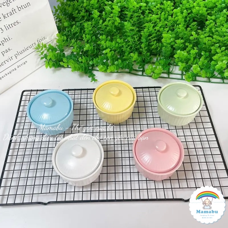 Bát Chén Gốm Sứ Ramenkin Cho Bé Ăn Dặm, Khuôn Làm Bánh Hàng Có Nắp Cao Cấp Dung Tích 150ml Màu Sắc Tươi Sáng Mamabu