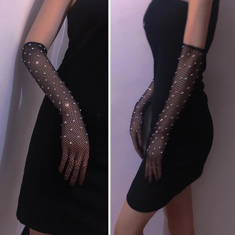 Găng Tay Lưới Dài Đính Đá Lấp Lánh Thời Trang Cho Nữ
